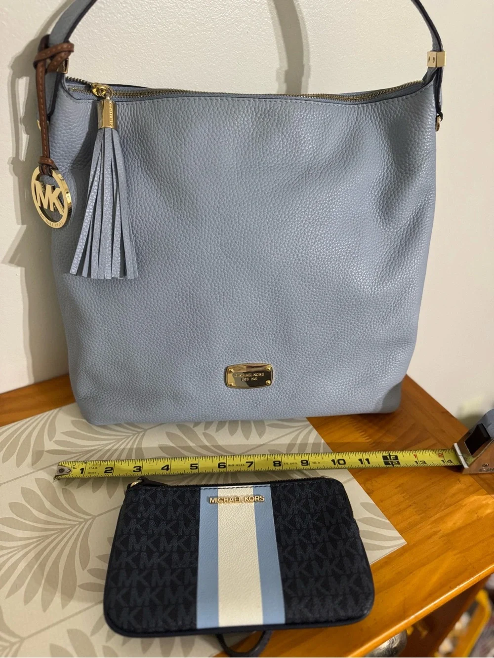 Michael Kors Light Blue Leather Hobo Bag with Tassel and Wristlet